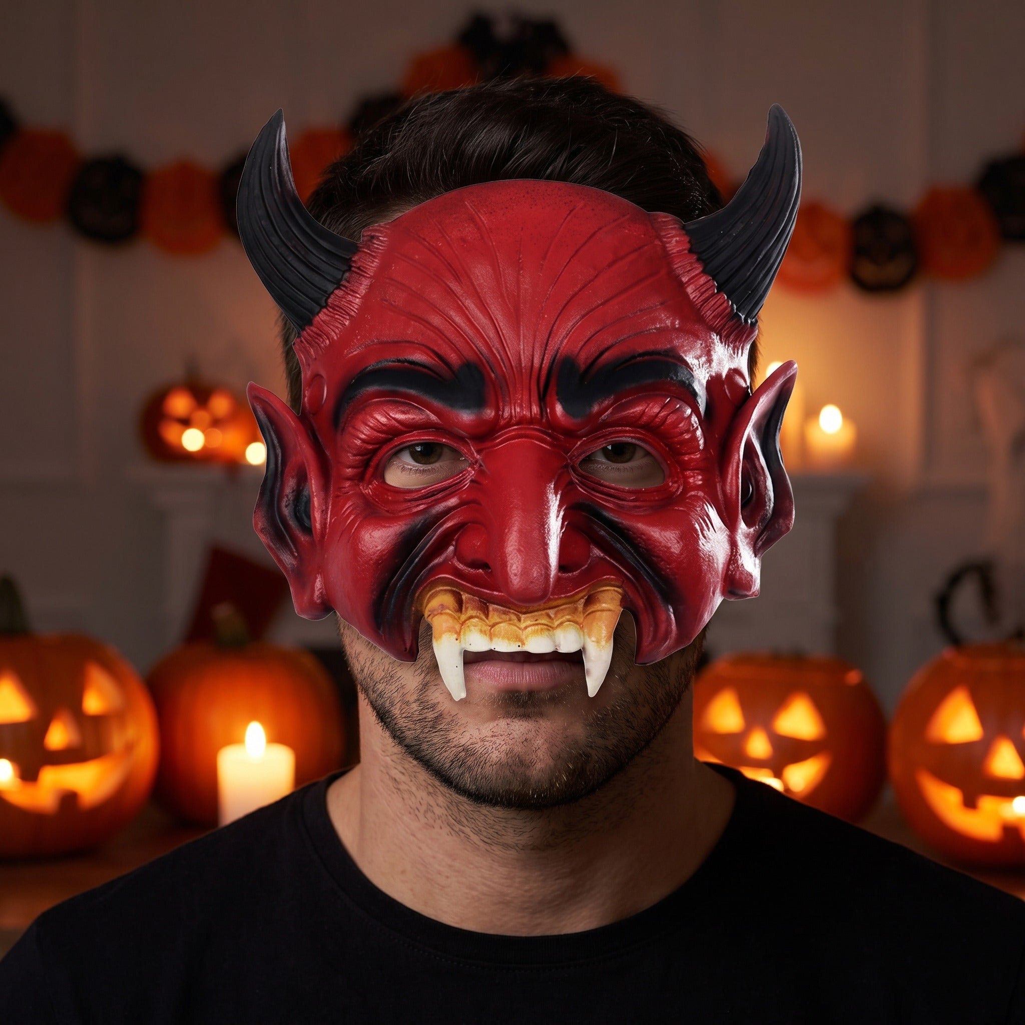 Red devil half mask with black horns and fangs, worn by man | Chaps London