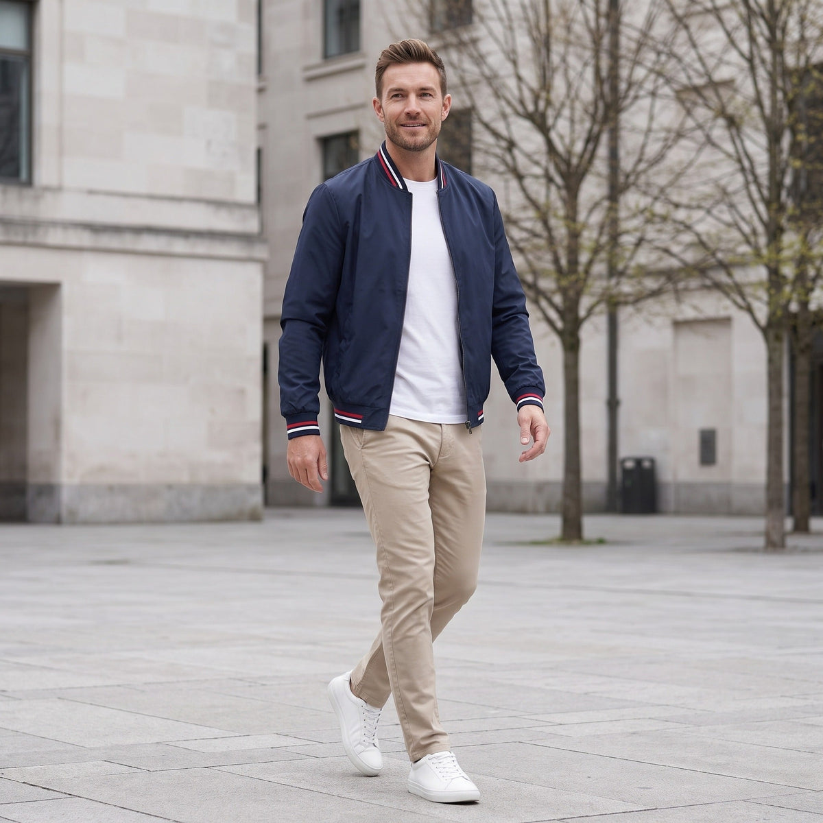 Men's Bomber Jacket | Striped Rib Trim | Stand Collar | Water Repellent