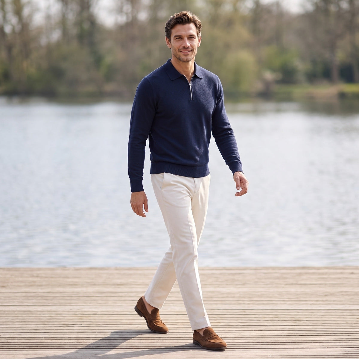 Man wearing navy quarter zip knit jumper with cream trousers outdoors | Chaps London