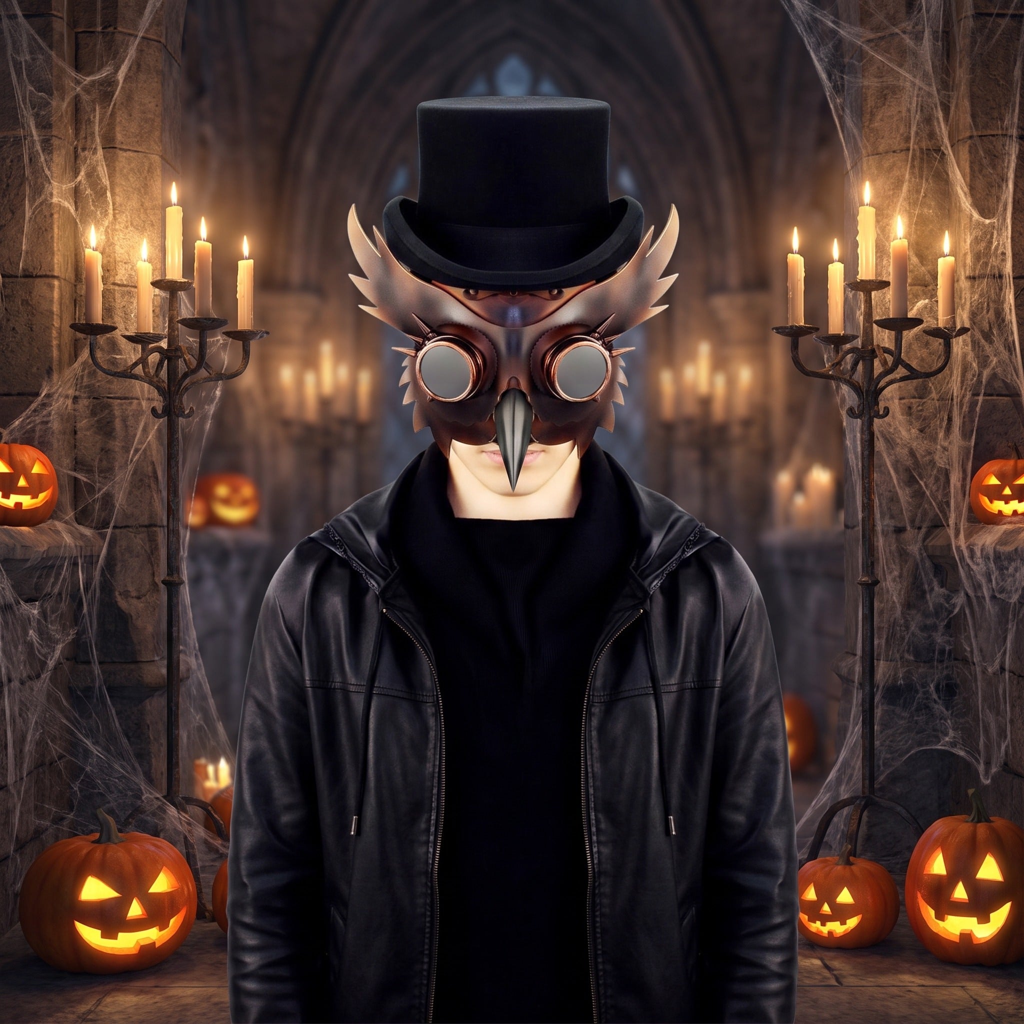 Man wearing brown owl mask with goggles and black top hat | Chaps London