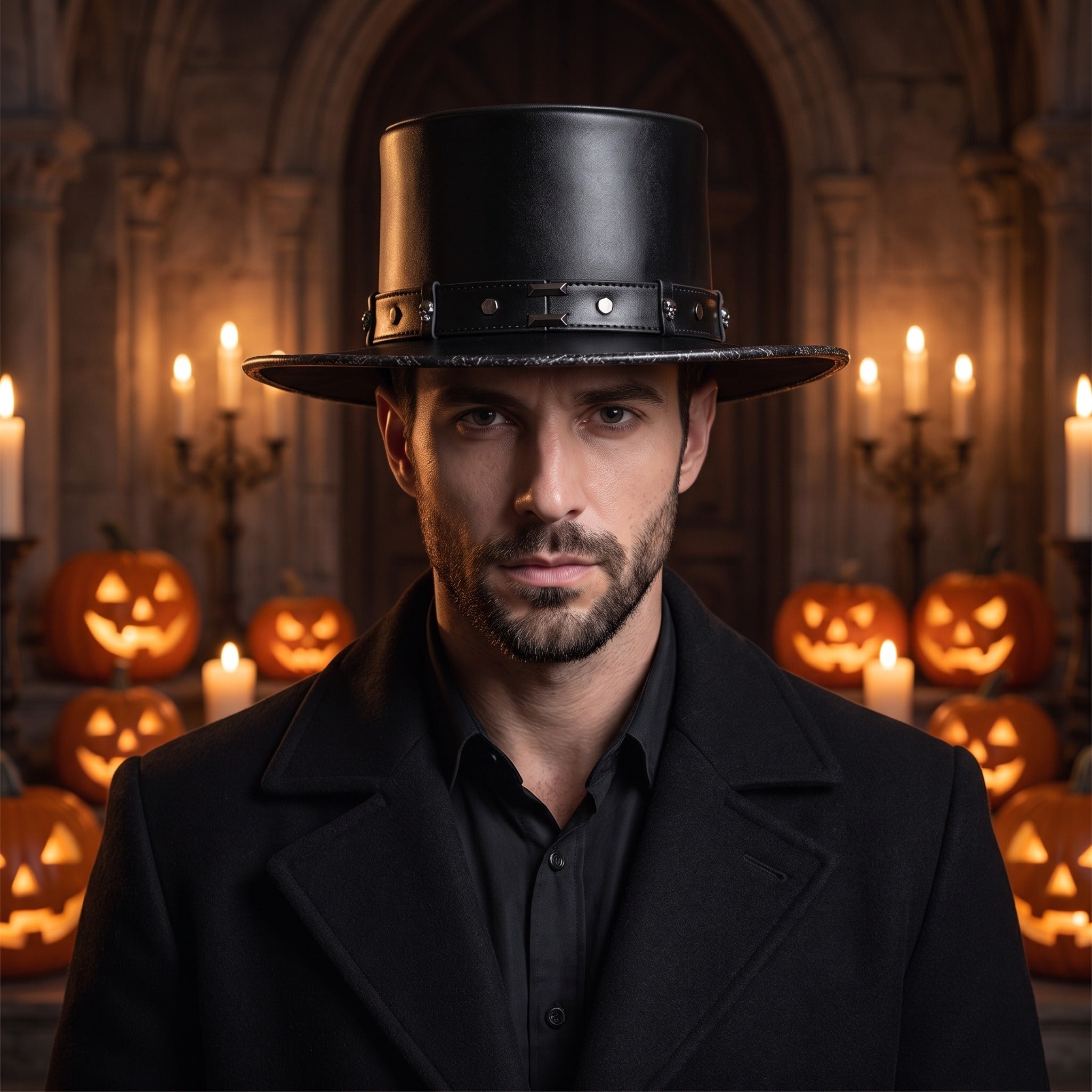 Man wearing black studded top hat with black coat, Halloween setting | Chaps London