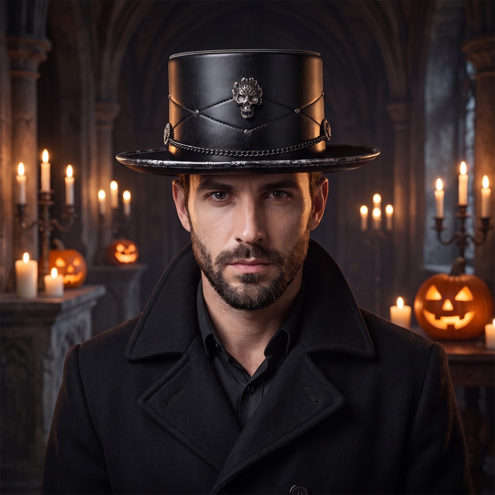 Black gothic top hat with skull emblem, chain, and studs, worn by man | Chaps London