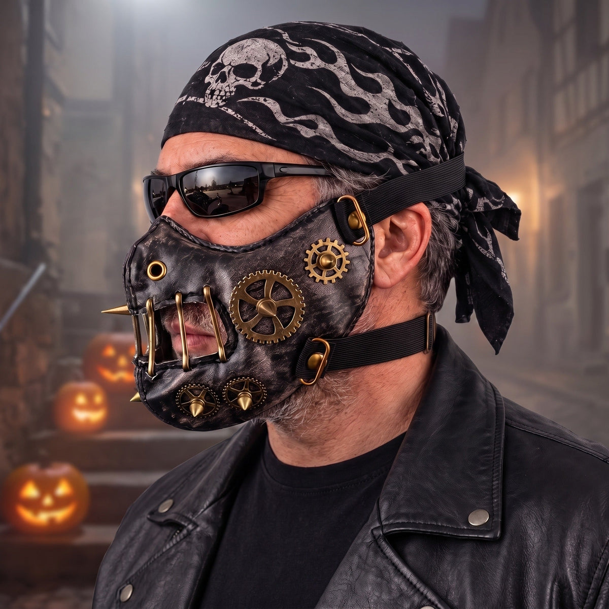 Black gold steampunk half mask with gears and spikes, worn by man | Chaps London