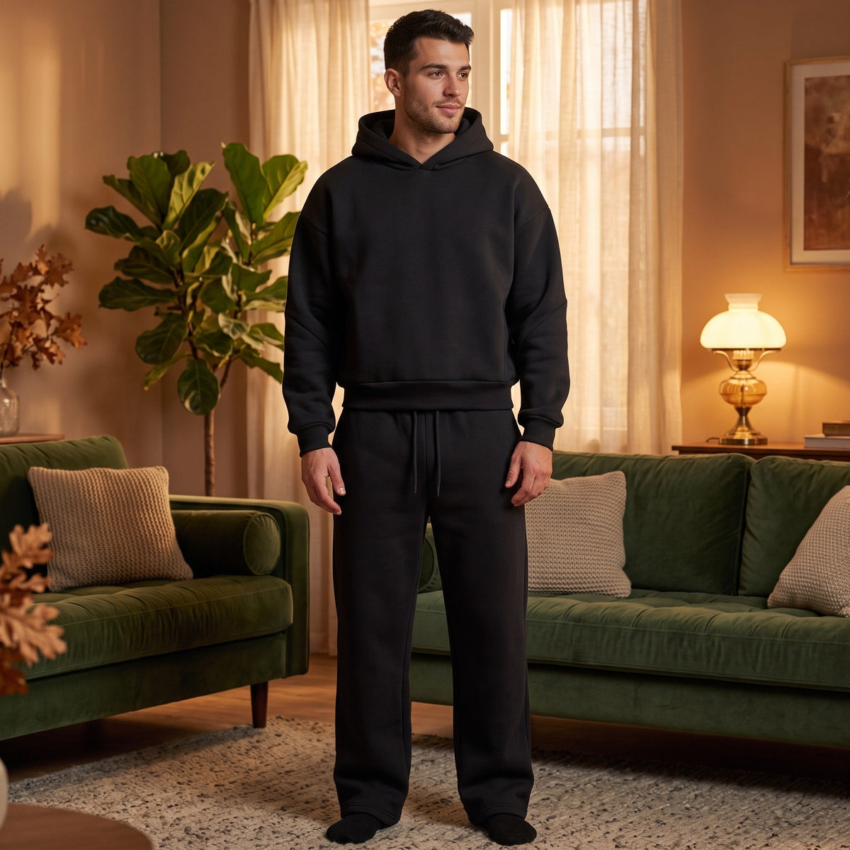 Man wearing black oversized hoodie and jogger tracksuit in living room | Chaps London