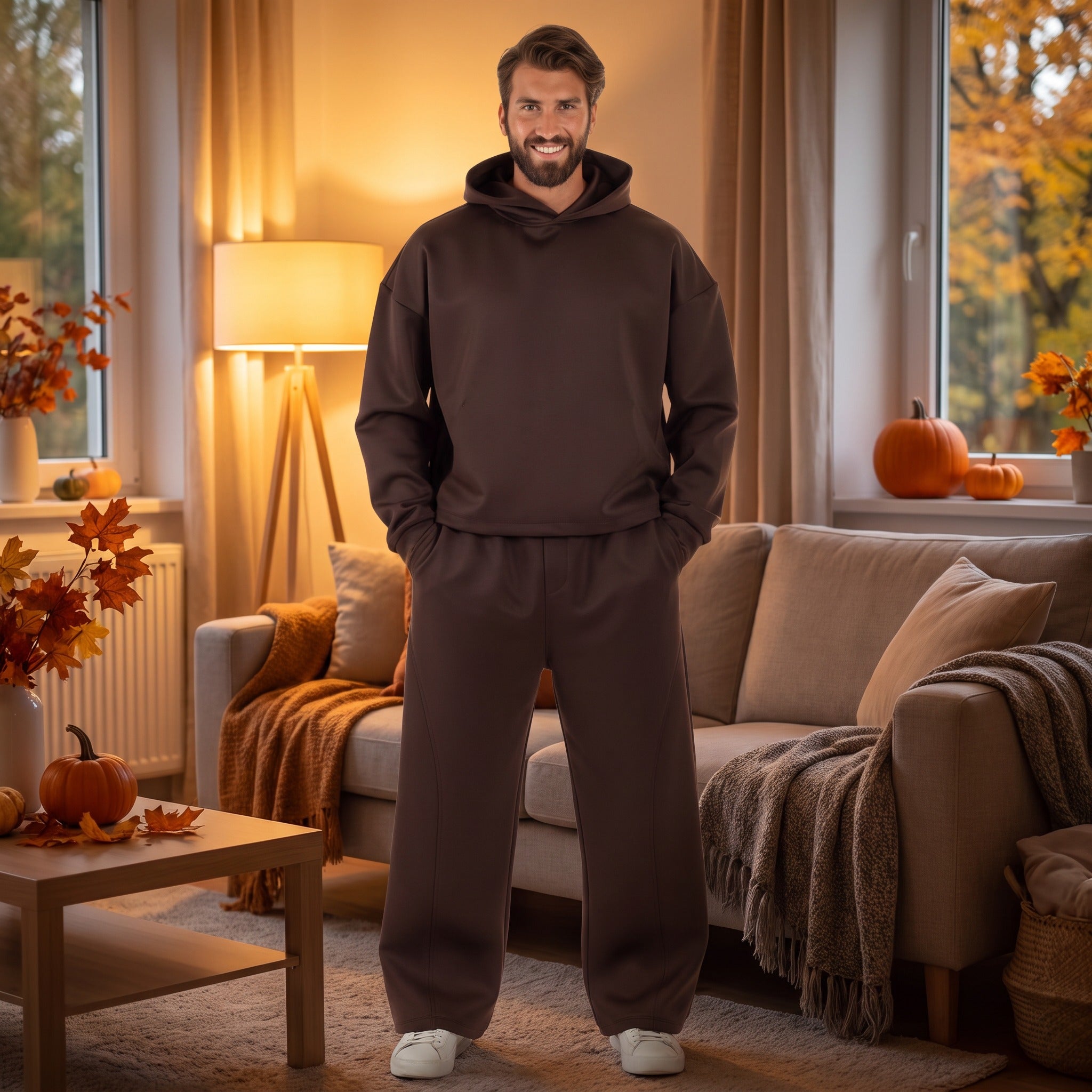 Men's Cropped Hoodie Set | Baggy Trousers | Brown