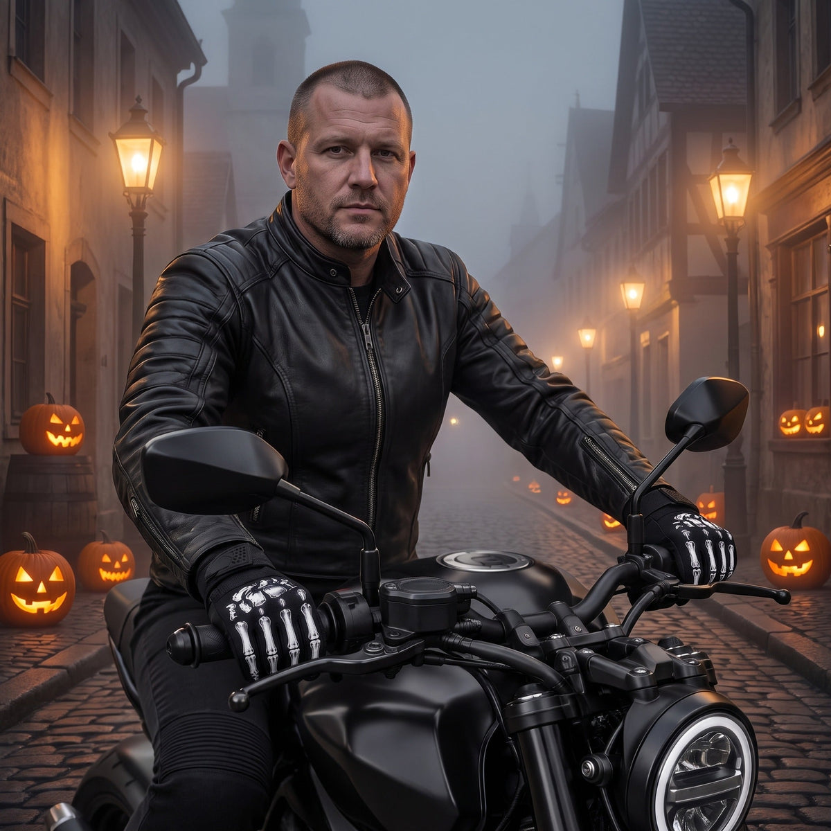 Man wearing white skeleton print gloves while riding black motorcycle outdoors | Chaps London