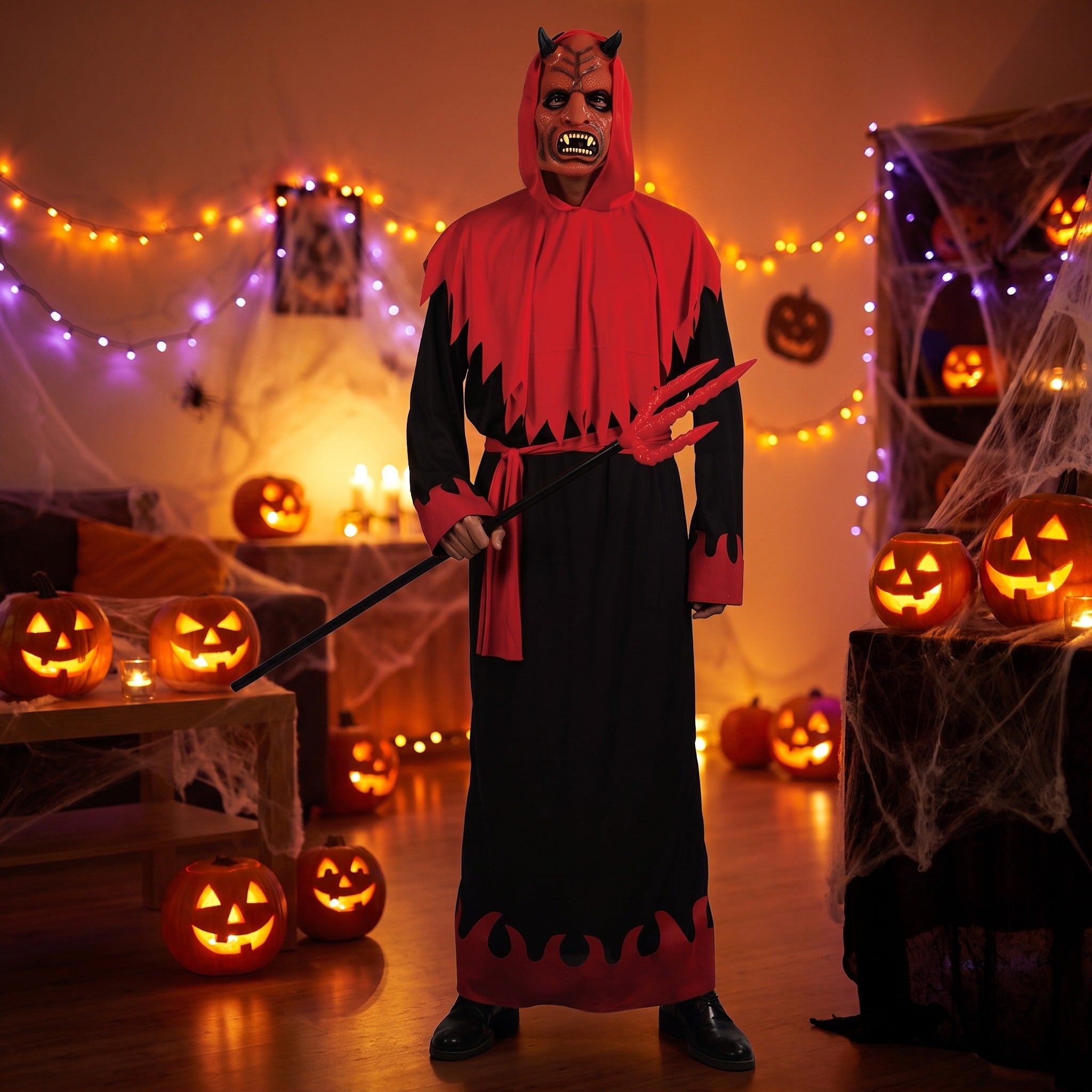 Man wearing black and red devil robe with hood and trident, worn | Chaps London