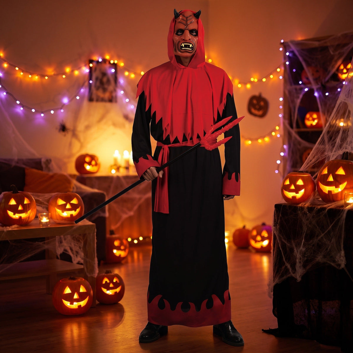 Man wearing black and red devil robe with hood and trident, worn | Chaps London