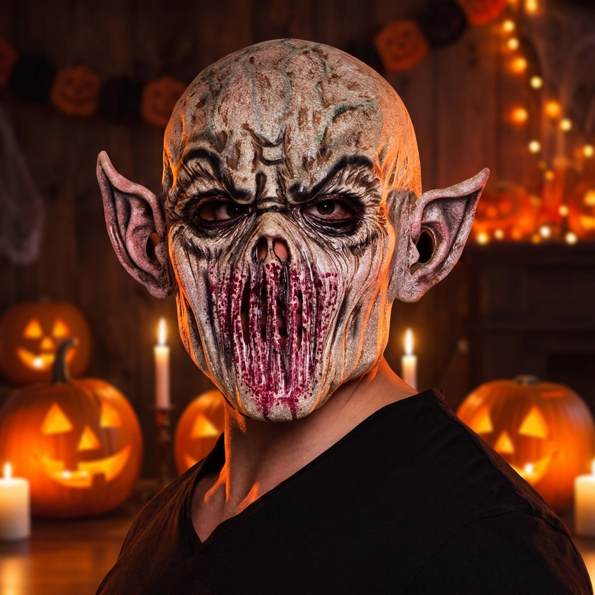 Beige alien monster mask with pointed ears, worn by a person, Halloween scene | Chaps London