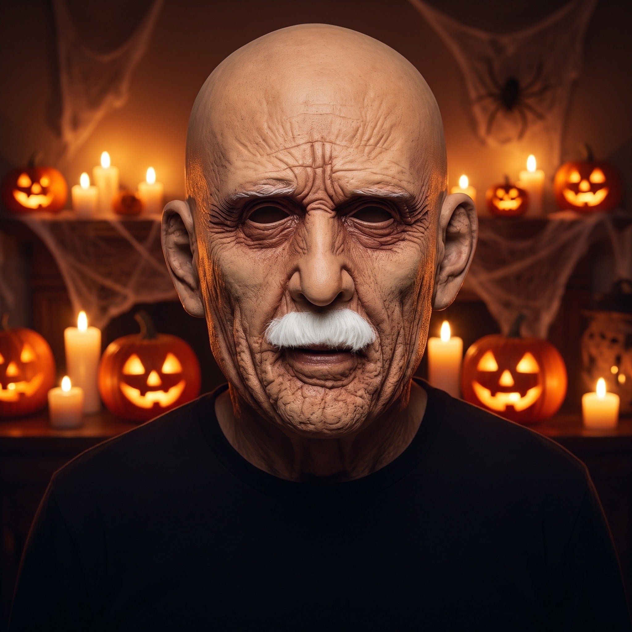 Bald old man mask with white moustache worn by a person | Chaps London