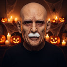 Bald old man mask with white moustache worn by a person | Chaps London