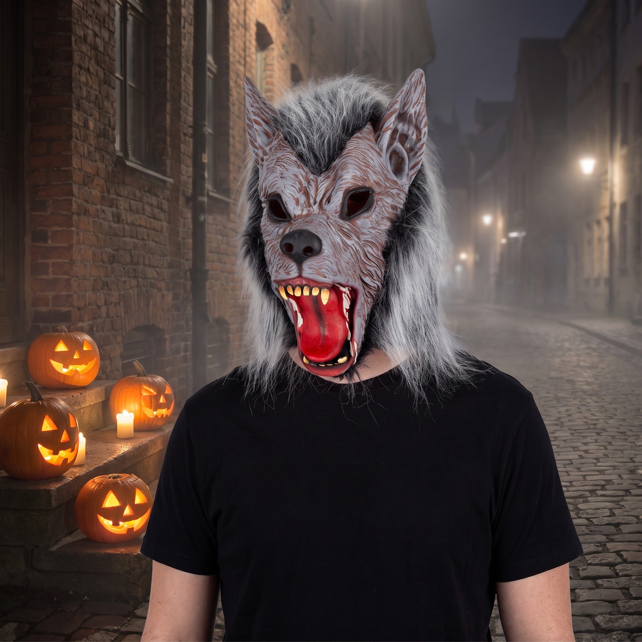 Grey werewolf mask with open mouth worn by person outdoors | Chaps London