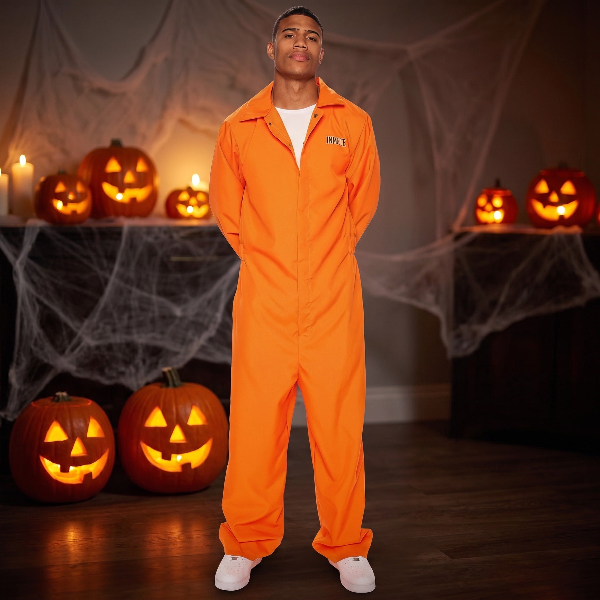 Man wearing orange prisoner jumpsuit costume, standing among Halloween pumpkin decorations | Chaps London