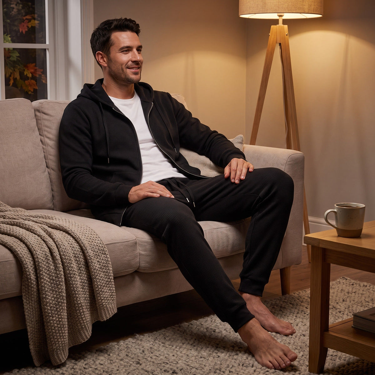 Man wearing black zip hoodie and joggers, sitting on couch | Chaps London