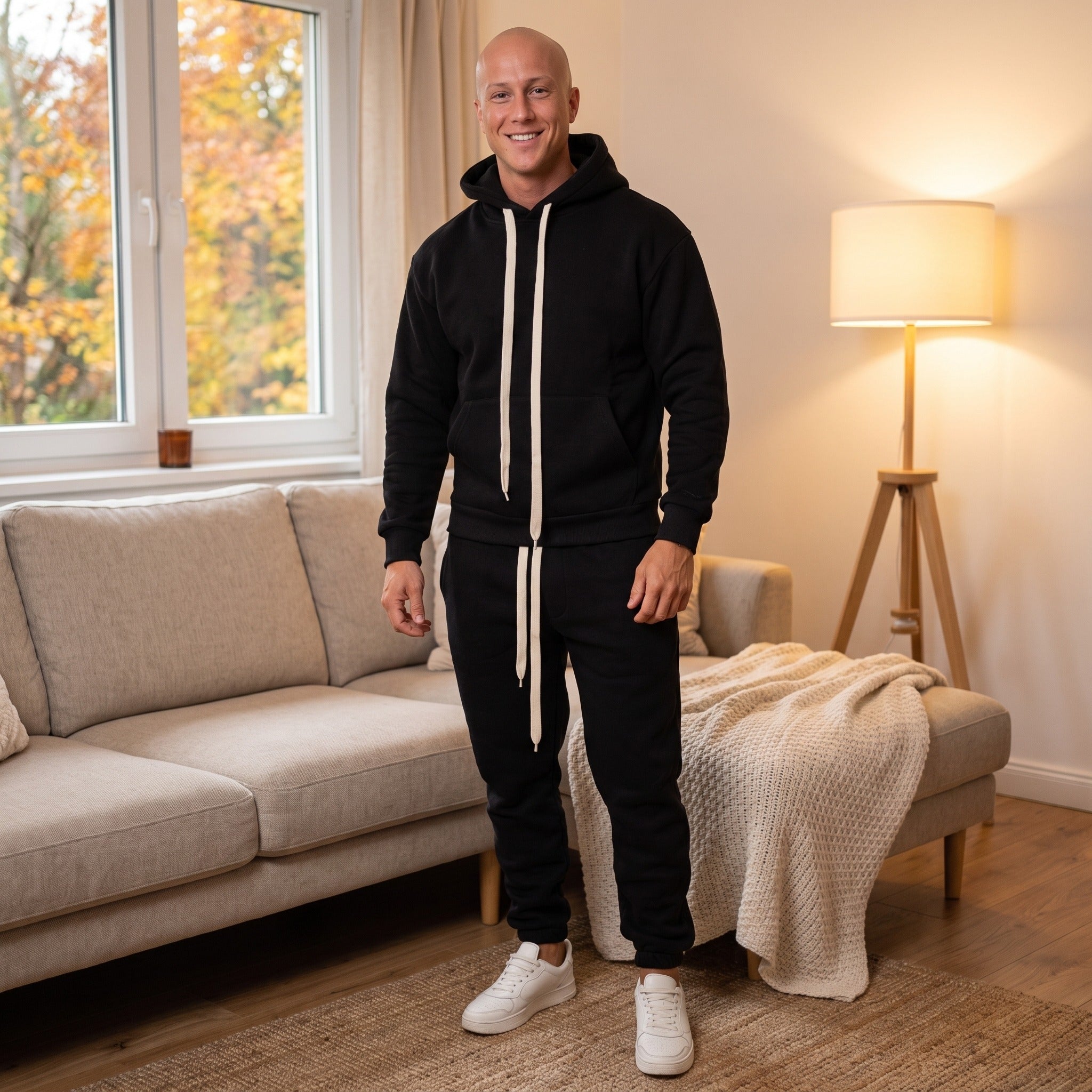 Man wearing black hoodie and joggers tracksuit in living room | Chaps London