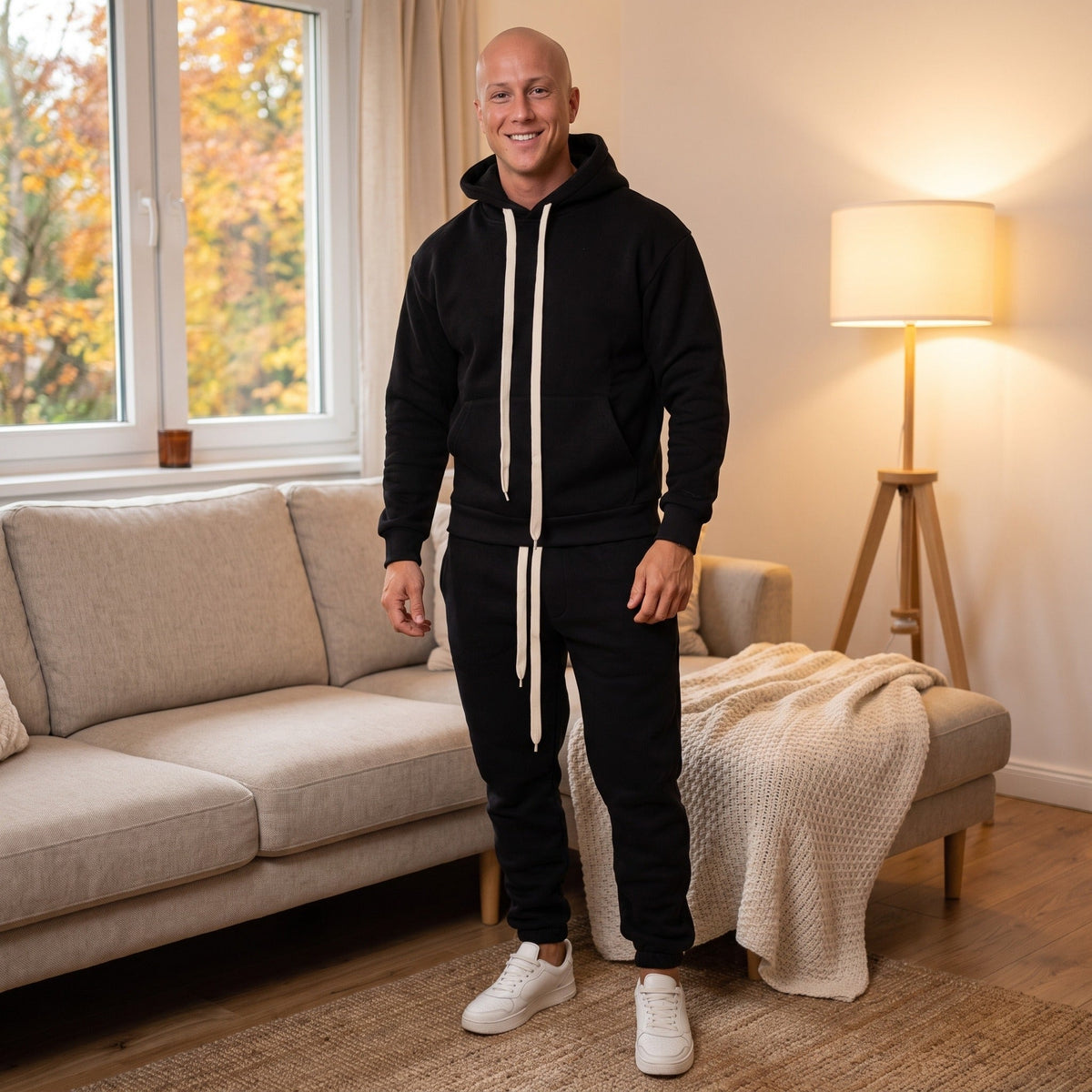 Man wearing black hoodie and joggers tracksuit in living room | Chaps London