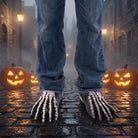 Skeleton foot shoe covers worn by person on cobblestone street with pumpkins | Chaps London