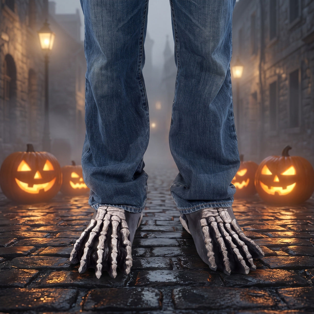 Skeleton foot shoe covers worn by person on cobblestone street with pumpkins | Chaps London
