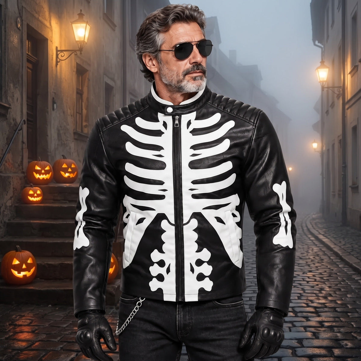 Man wearing black faux leather jacket with white skeleton bone appliques on street | Chaps London
