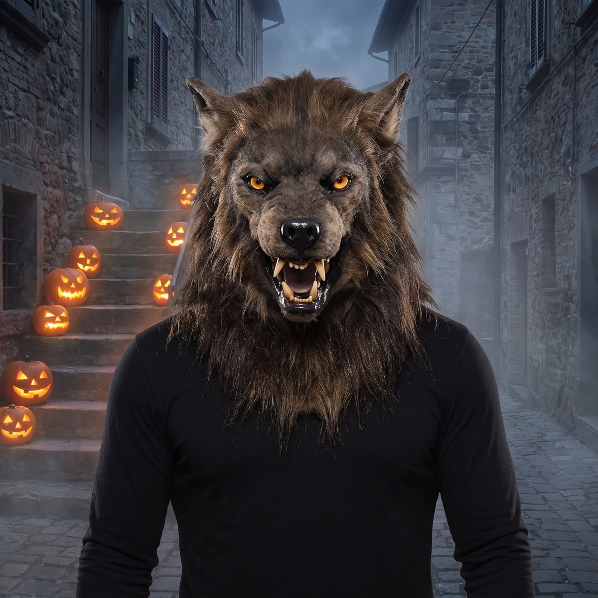 Brown werewolf mask with fangs worn by person, Halloween alley backdrop | Chaps London