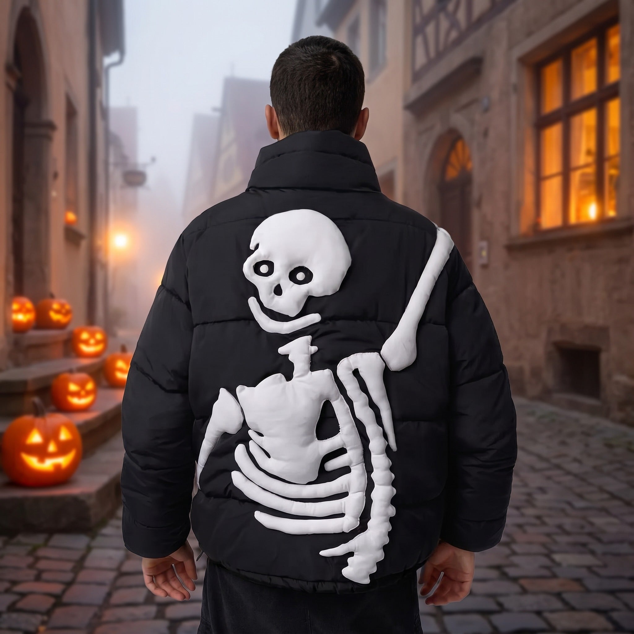 Black puffer jacket with raised white skeleton design, worn by man outdoors | Chaps London