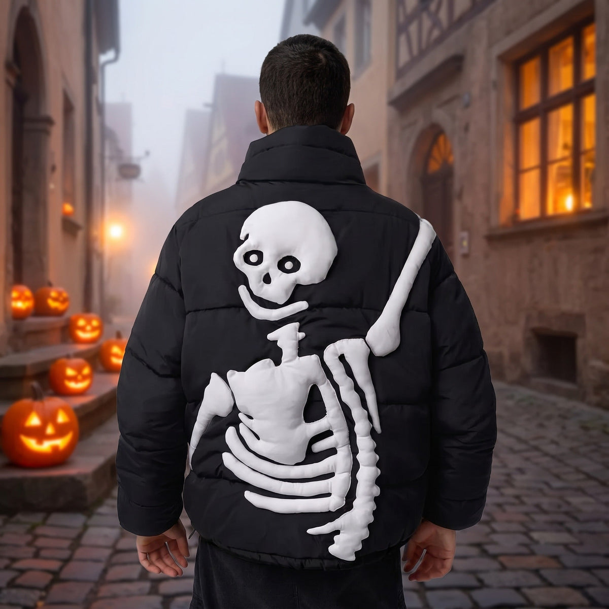 Black puffer jacket with raised white skeleton design, worn by man outdoors | Chaps London