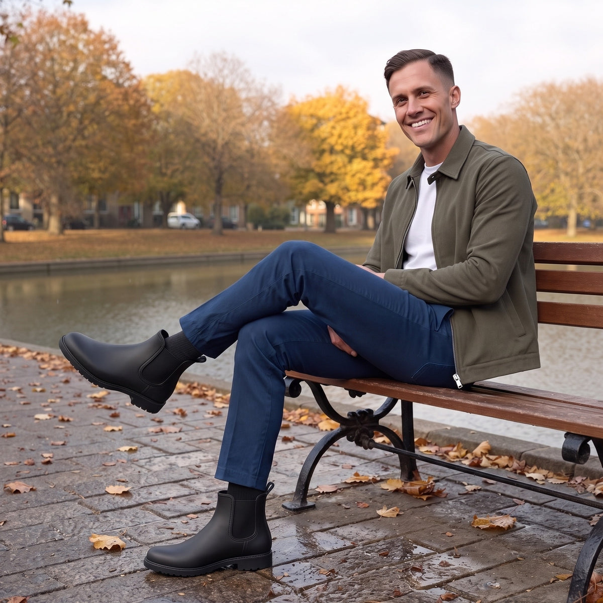 Man sitting on a bench by a canal wearing black Chelsea wellies