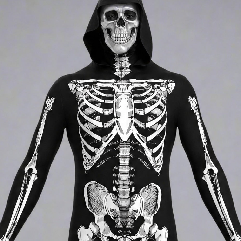 Black hooded skeleton print bodysuit with skull mask worn by a person | Chaps London