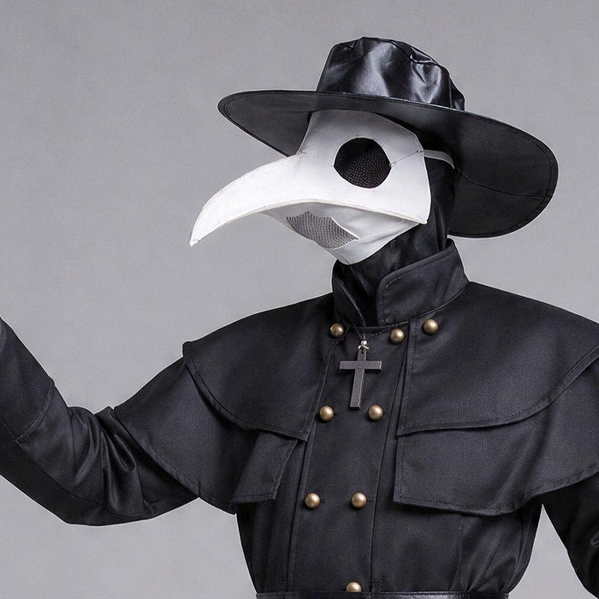 Black plague doctor costume with white beak mask, hat, worn by model | Chaps London