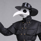 Black plague doctor costume with white beak mask, hat, worn by model | Chaps London