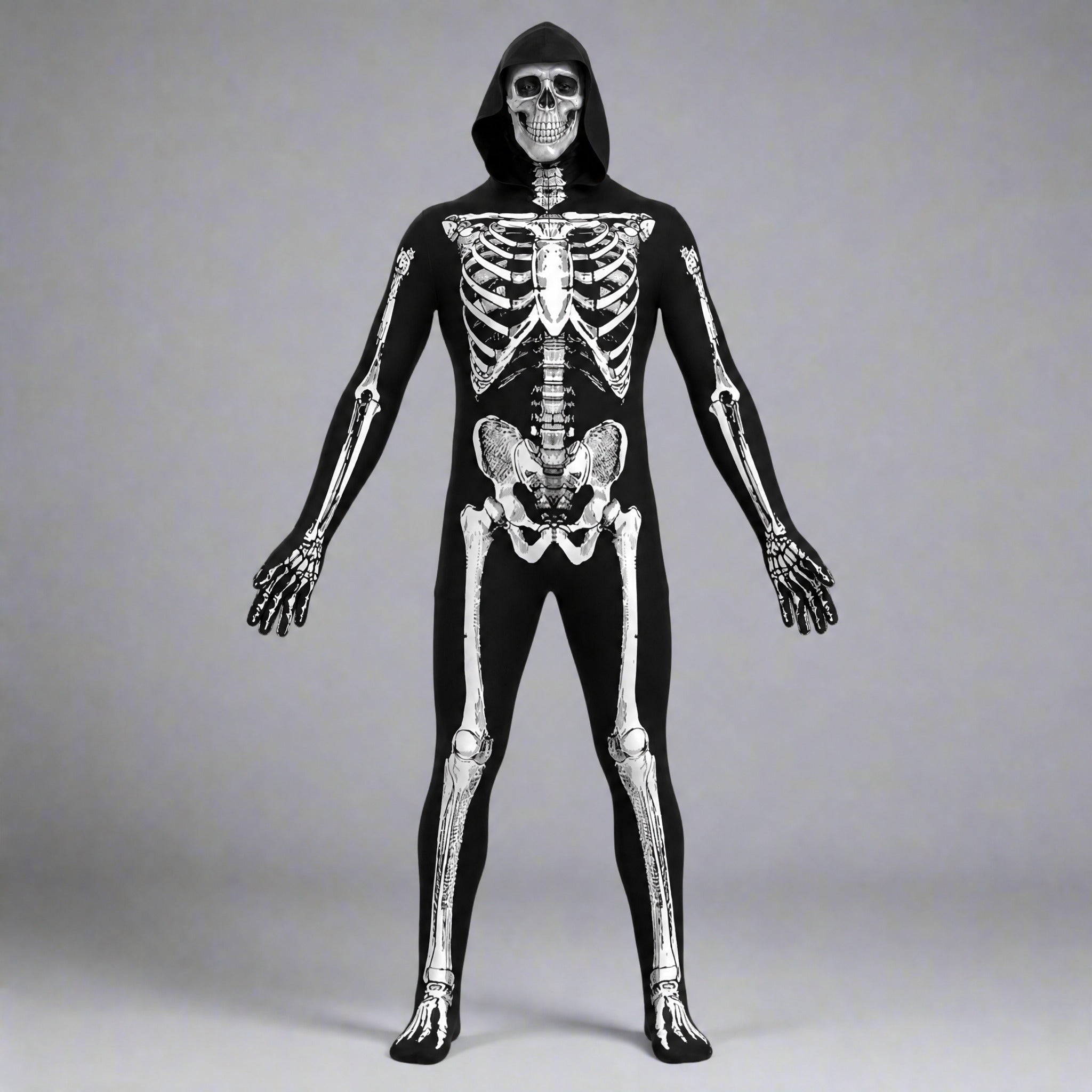 Black hooded skeleton bodysuit with printed bones, worn by standing male model | Chaps London