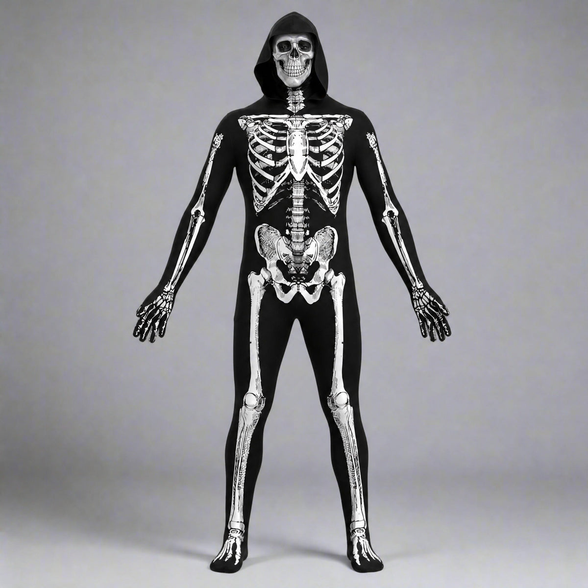 Black hooded skeleton bodysuit with printed bones, worn by standing male model | Chaps London
