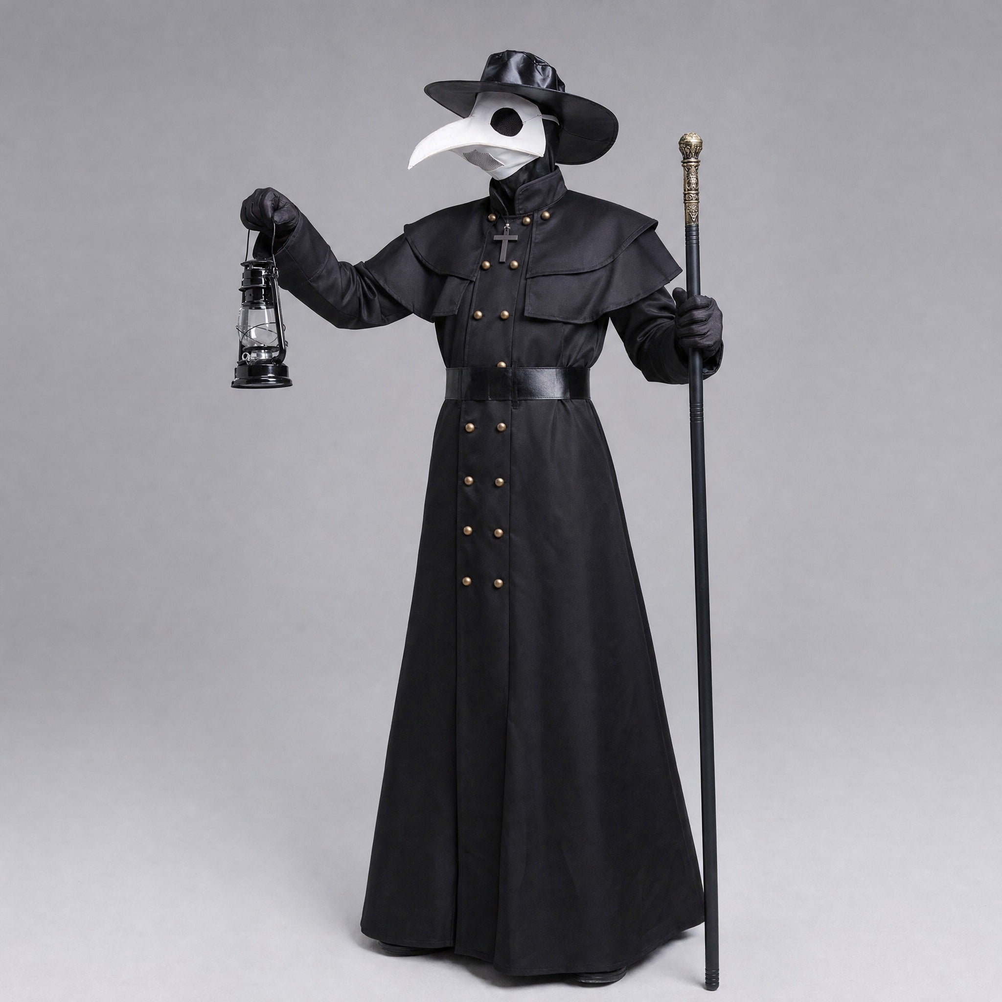 Black plague doctor costume with beak mask, hat, and cane, worn by model | Chaps London