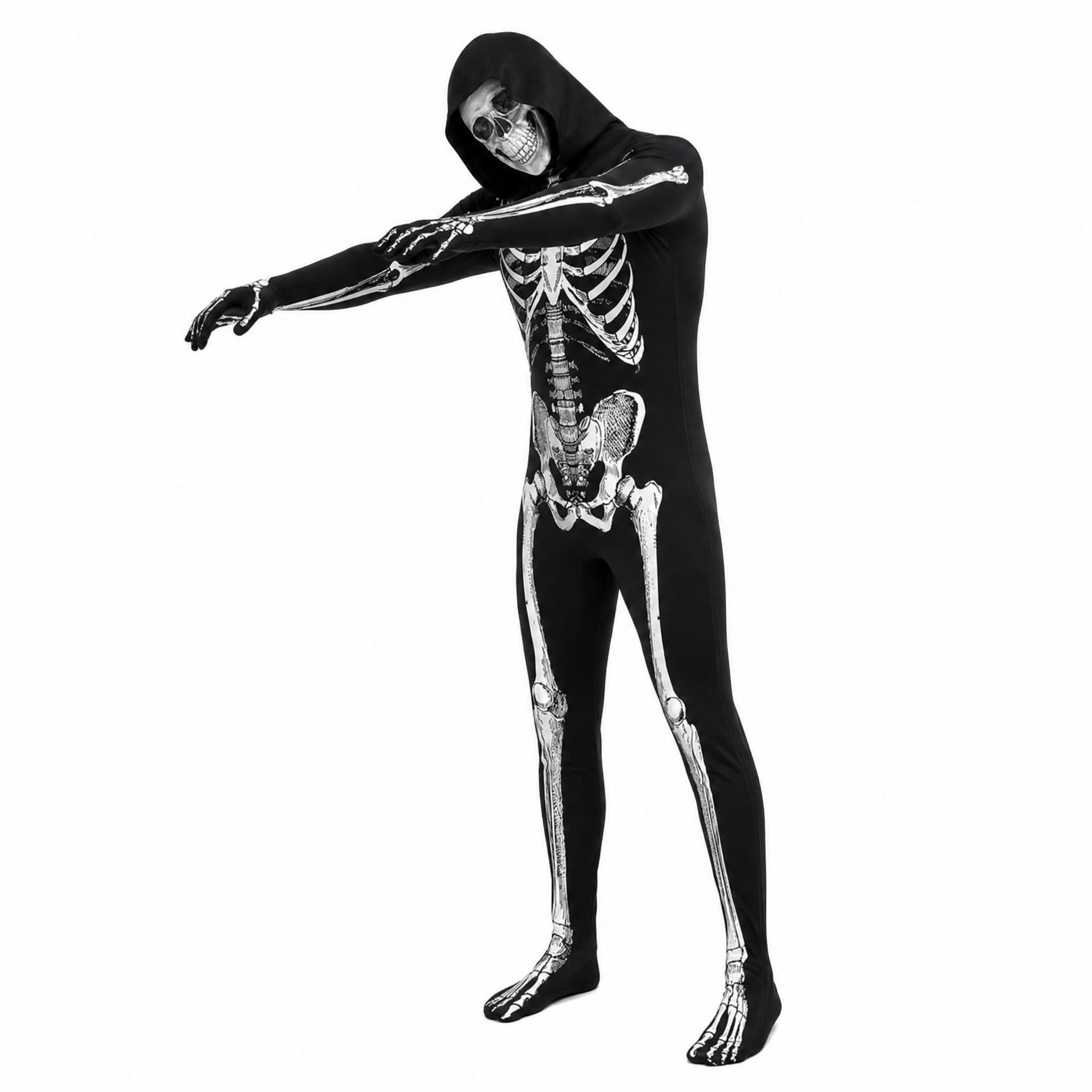 Black hooded skeleton onesie with printed bones worn by a person posing | Chaps London