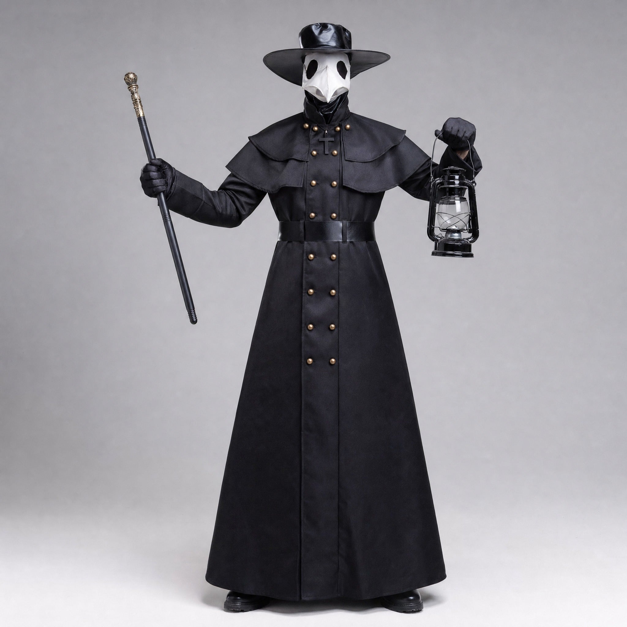 Black plague doctor costume with beak mask, hat, lantern, on mannequin | Chaps London