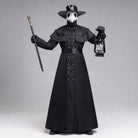 Black plague doctor costume with beak mask, hat, lantern, on mannequin | Chaps London