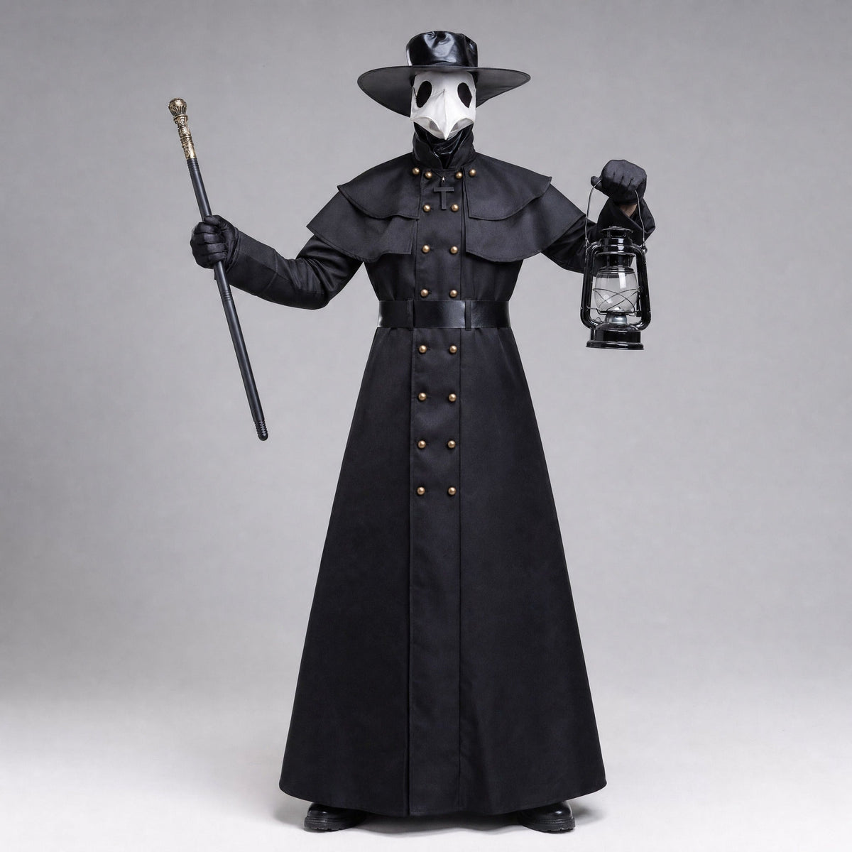 Black plague doctor costume with beak mask, hat, lantern, on mannequin | Chaps London