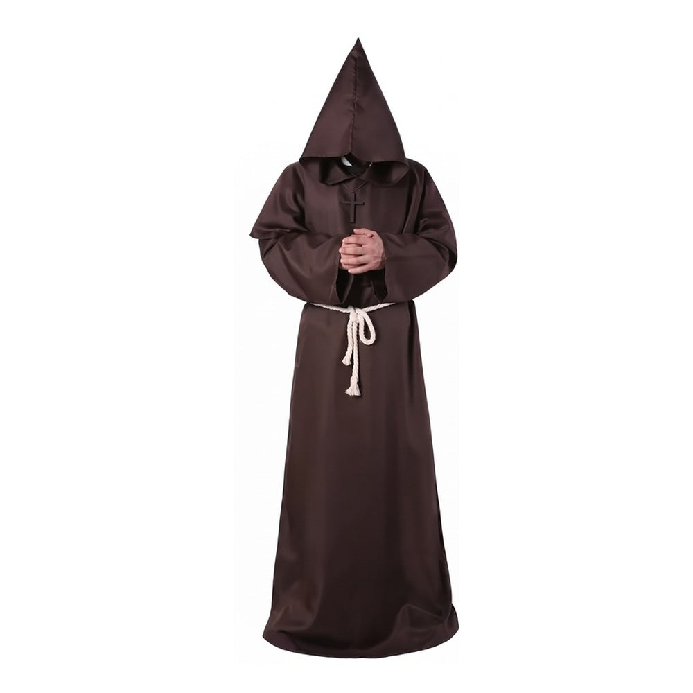 Person wearing brown hooded monk robe with rope belt, hands clasped | Chaps London