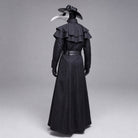 Black plague doctor costume with beak mask, hat, and ruffled cape, worn by mannequin | Chaps London