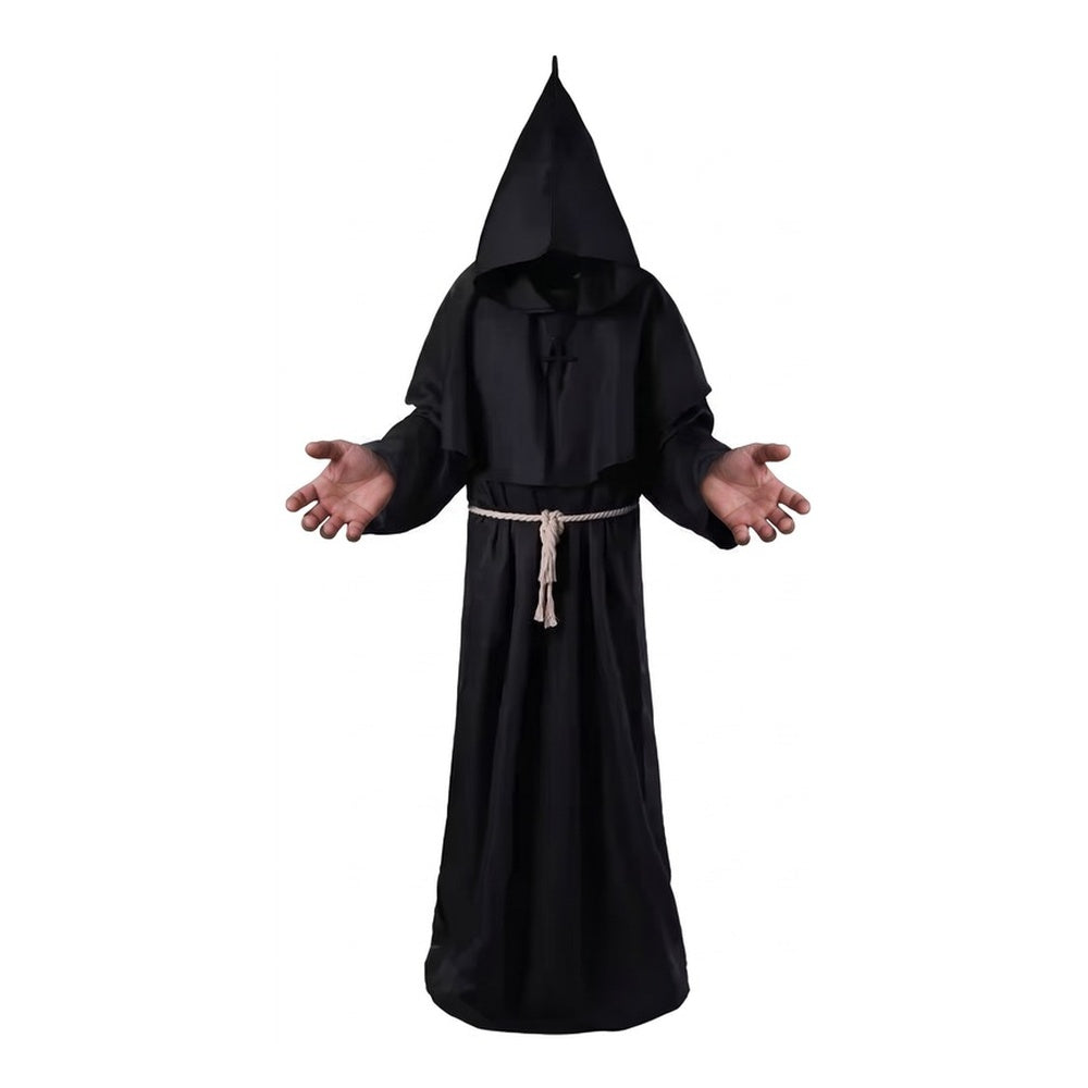 Black hooded monk robe with rope belt worn by person | Chaps London