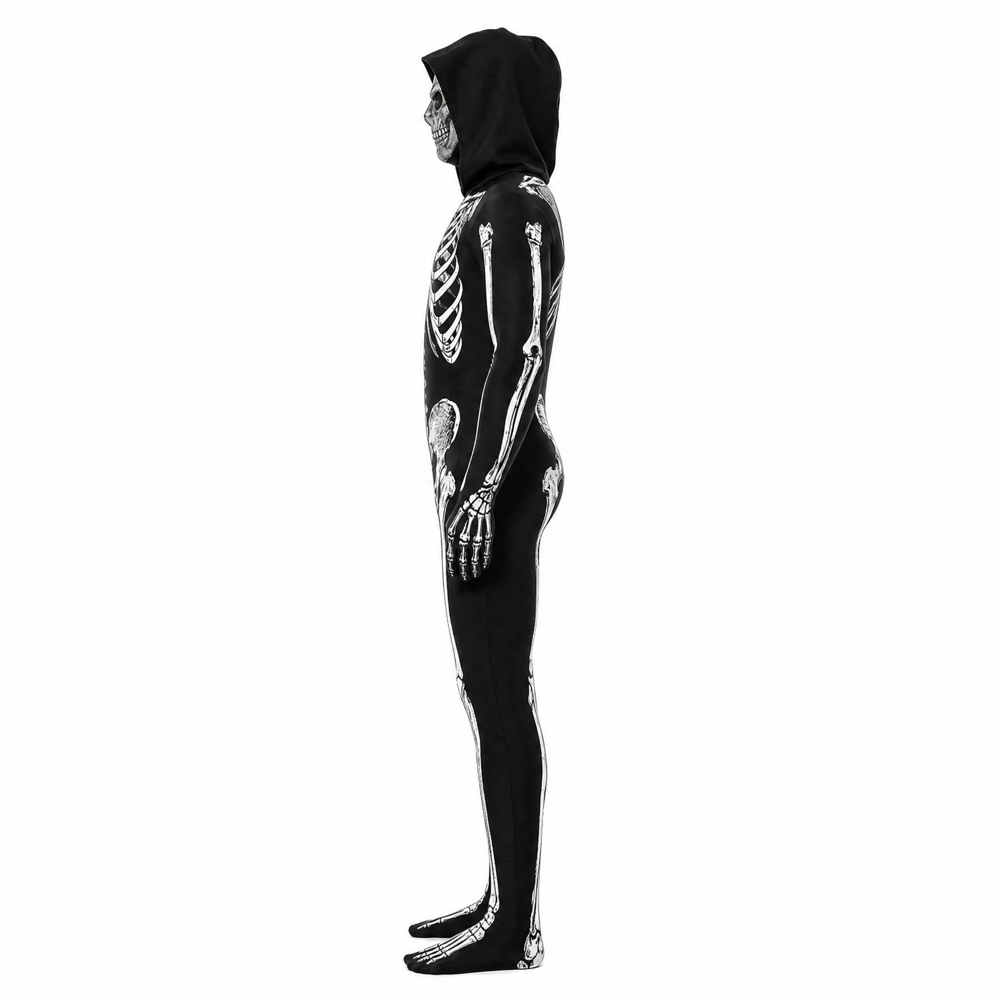 Black hooded skeleton print bodysuit shown worn, side profile view, full length | Chaps London