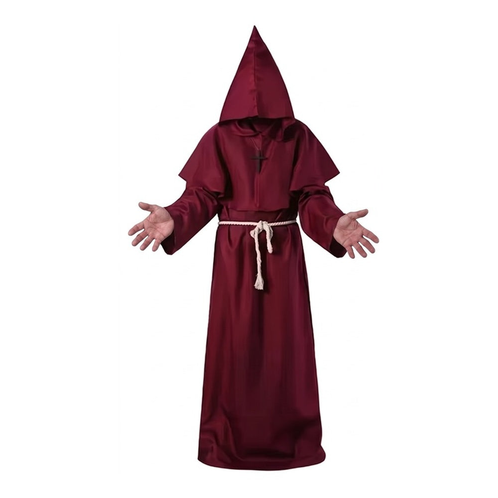 Burgundy hooded monk robe with rope belt, worn by person, arms outstretched | Chaps London