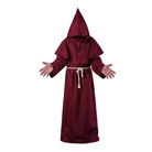 Burgundy hooded monk robe with rope belt, worn by person, arms outstretched | Chaps London