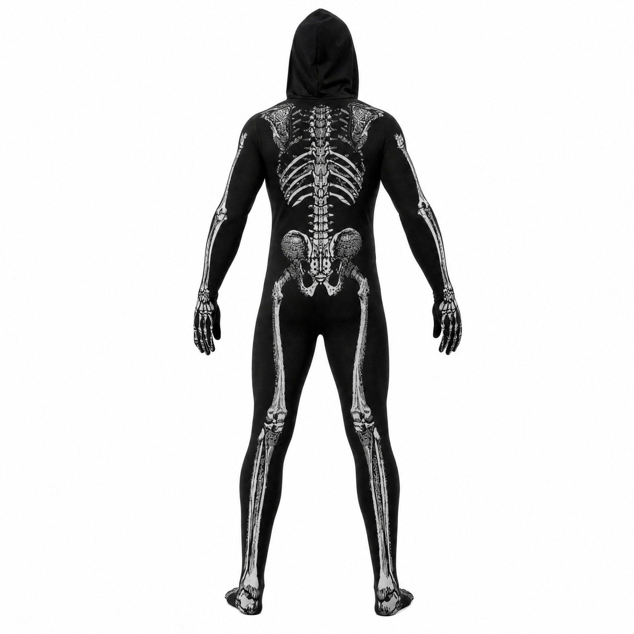 Person wearing black hooded skeleton onesie, rear view showing printed bones | Chaps London