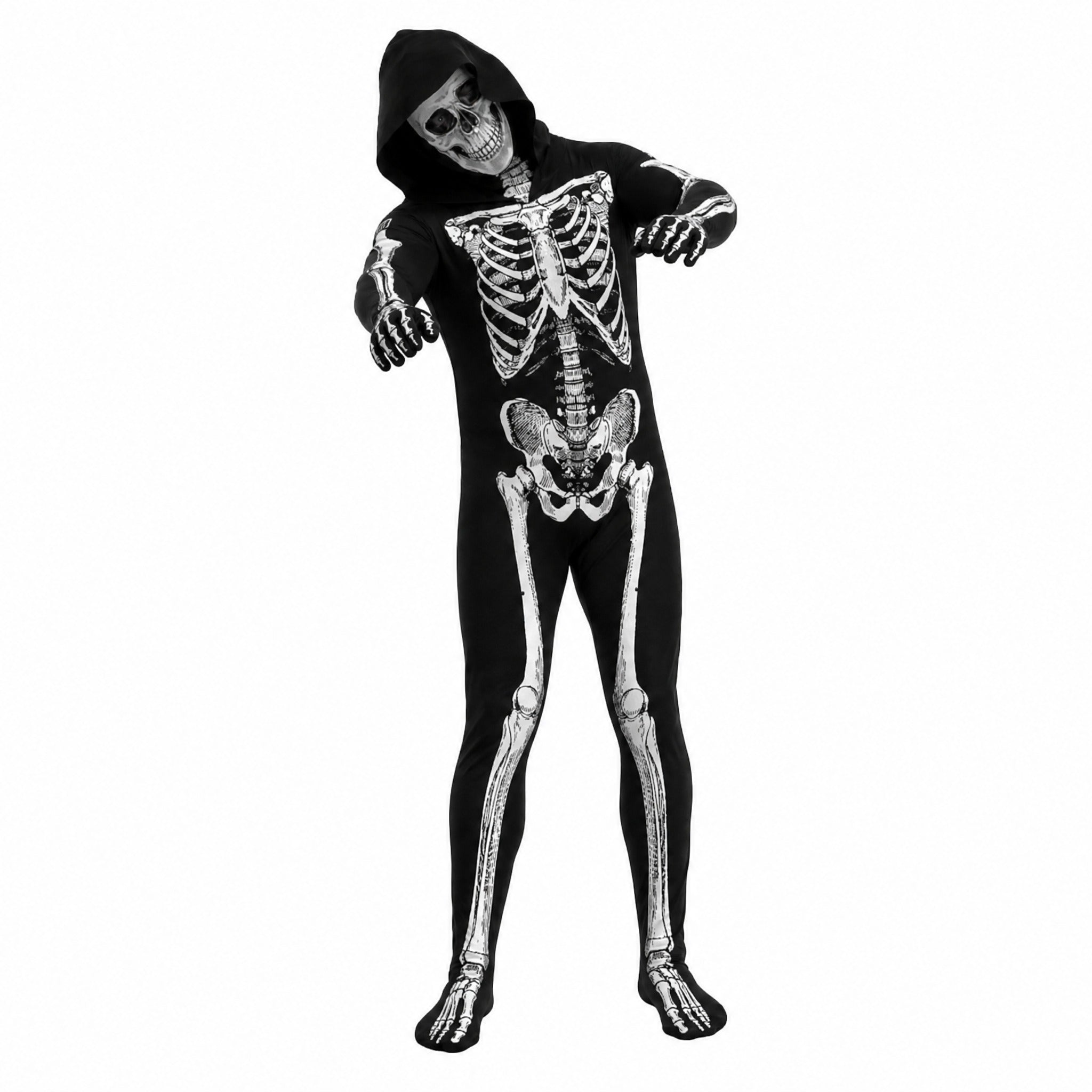 Black hooded skeleton print onesie worn by person, full-body costume | Chaps London