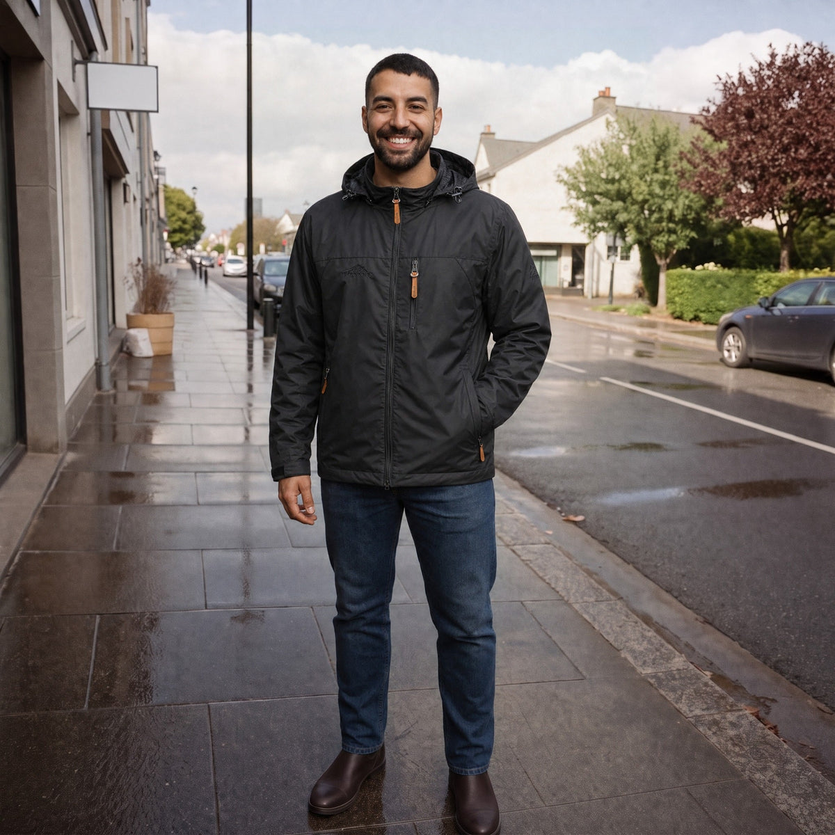 Man wearing black hooded rain jacket with jeans on wet street | Chaps London
