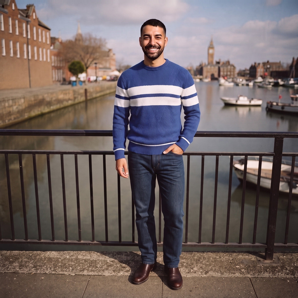 Man wearing blue and white striped crew neck jumper with jeans outdoors | Chaps London