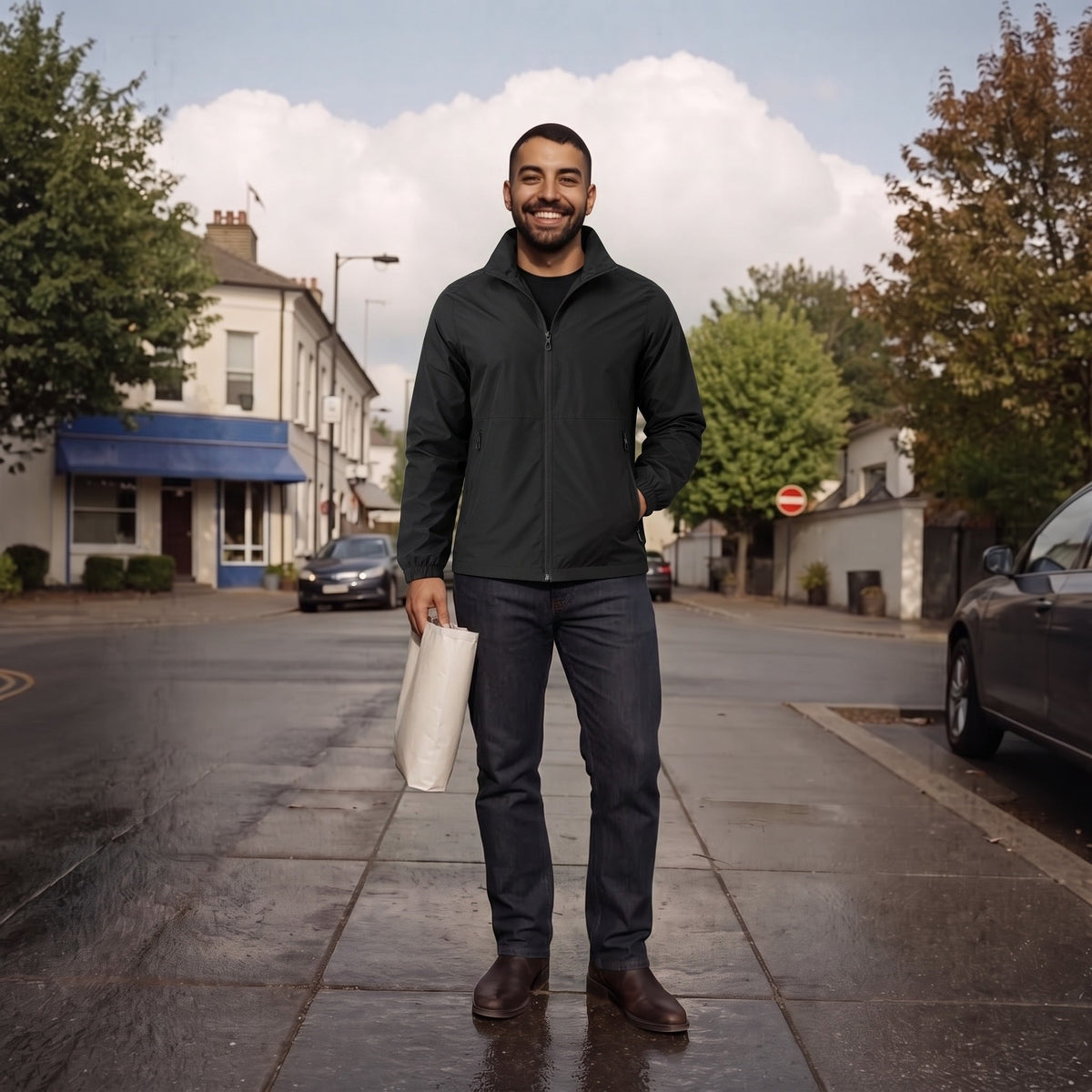 Man wearing black casual rain jacket with jeans, standing on wet street | Chaps London