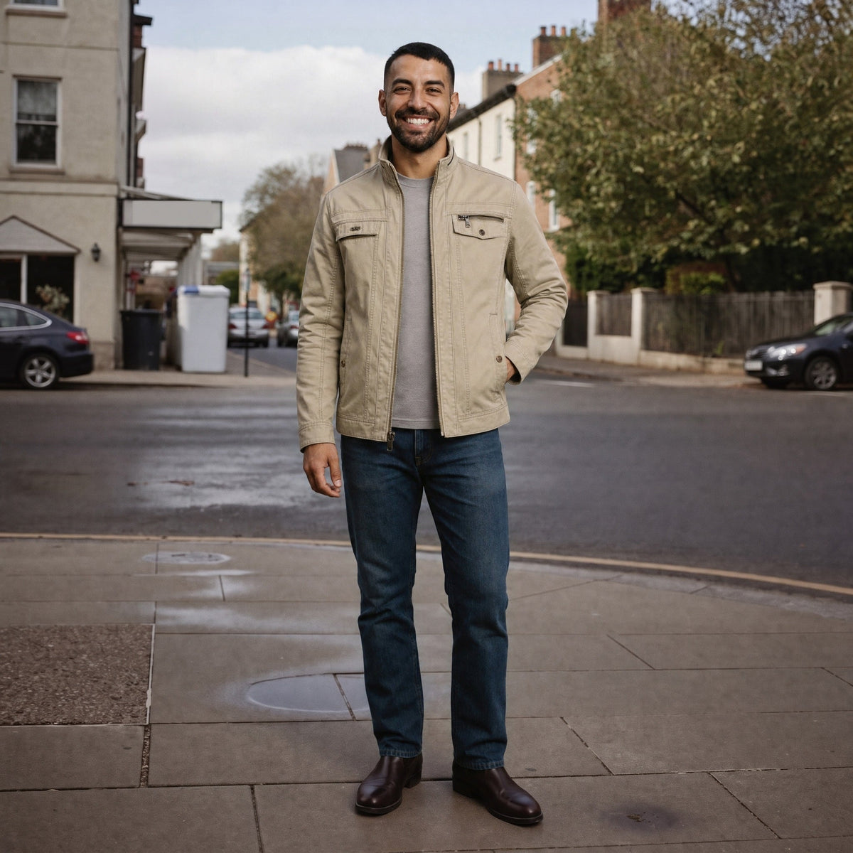Man wearing beige cotton field jacket with dark jeans on street | Chaps London
