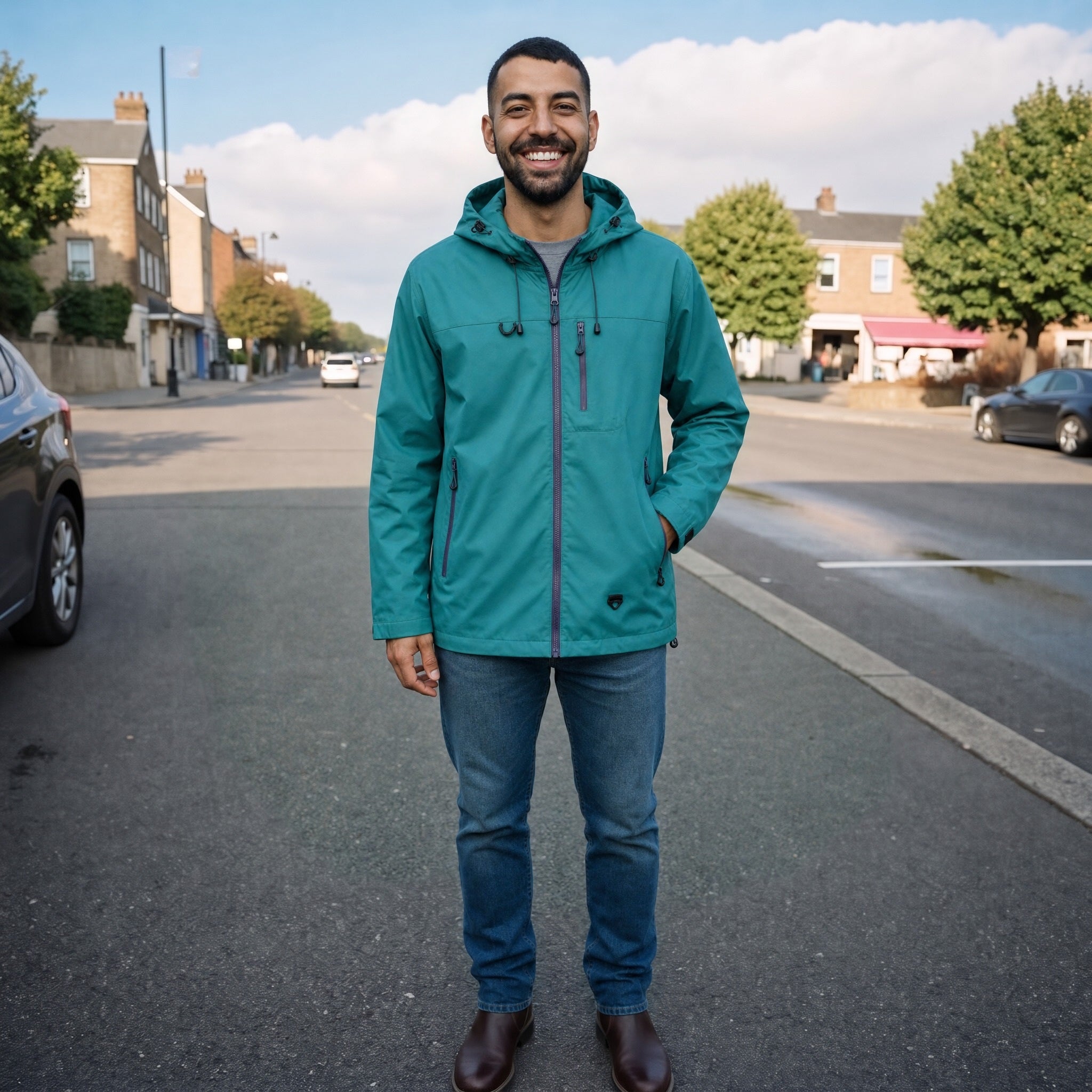 Man wearing teal zip-up rain jacket, standing on street, smiling | Chaps London